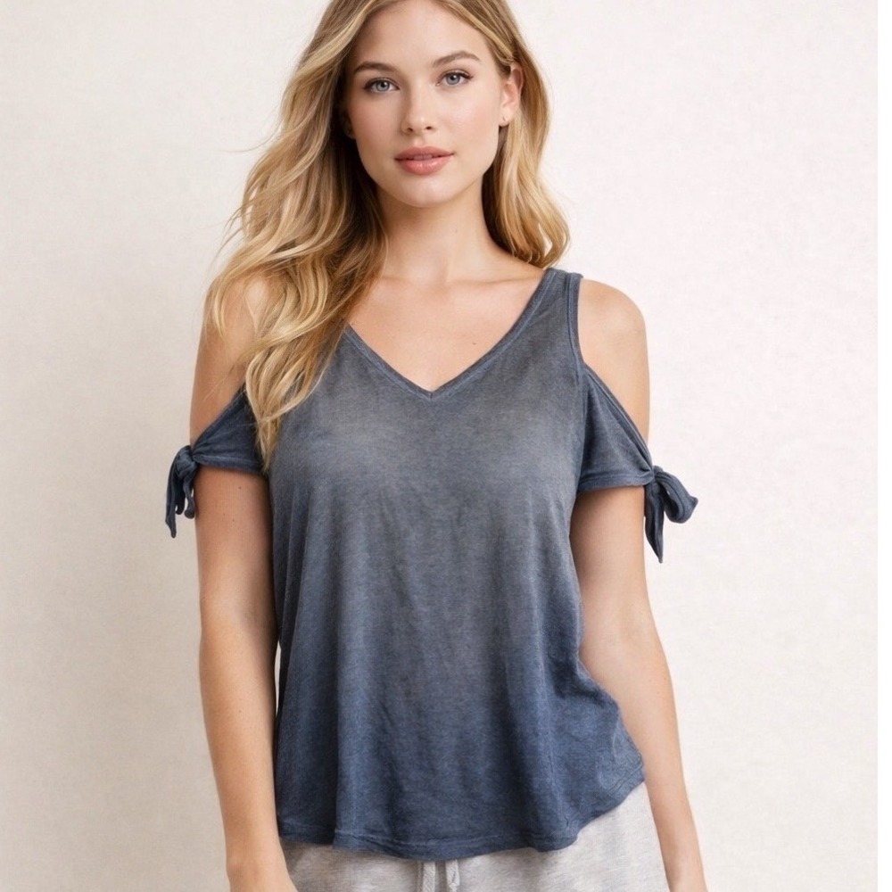 American Eagle Soft & Sexy Blue Ombre Cold Shoulder Tie Sleeve V-Neck Top Small